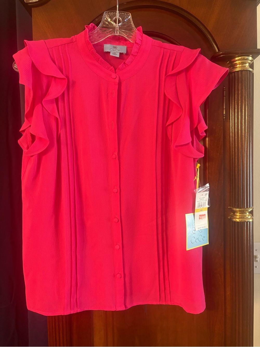 CeCe Hot Pink Ruffle Sleeve Button-Front Blouse